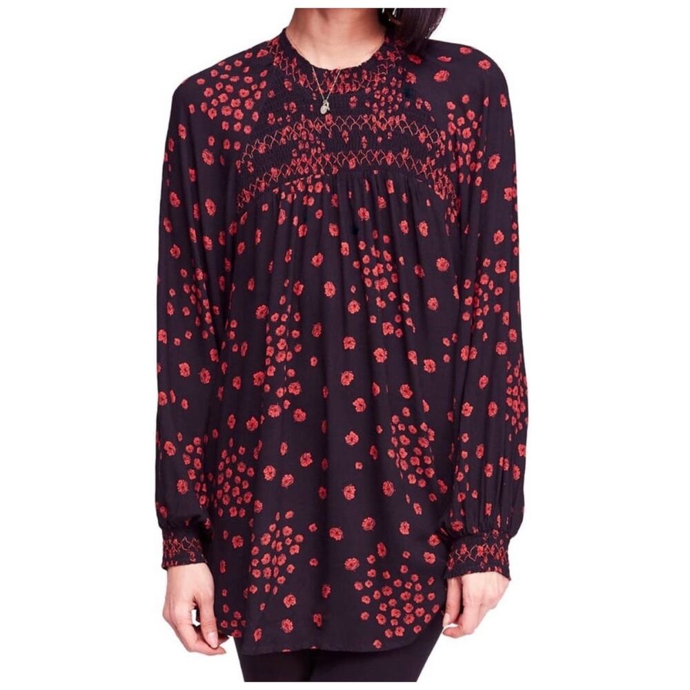 Free People Flowers In Her Hair Black Red Floral Print Smocked Tunic Blouse XS